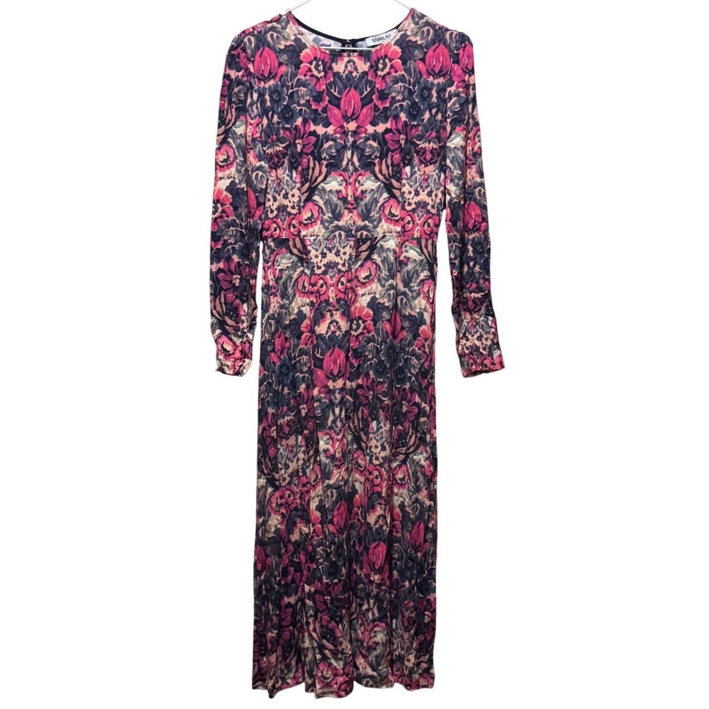Fairy Garden Core KeyHole Back Pink Purple Floral Long Slv Boho Flowy Dress Sz S